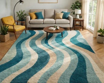 Alfombra moderna con diseño de olas, alfombra azul verdoso para sala de estar, alfombra con estética moderna de mediados de siglo, alfombra grande con diseño abstracto de remolinos, linda alfombra afelpada para dormitorio.