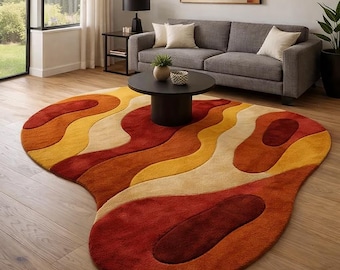 Mid Century Modern Abstract Area Rug, Large Wave Pattern Hand Tufted Burnt Orange Rug for Living Room, Retro 70s Aesthetic Organic Shape Rug