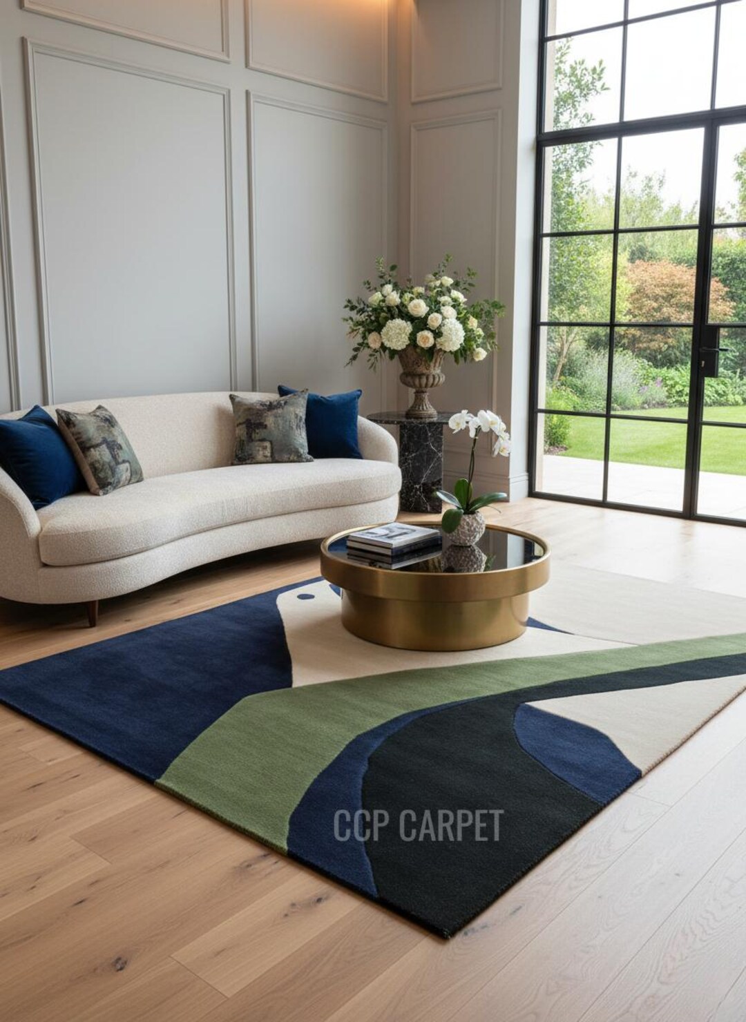 Hand Tufted Wool Area Rug Modern Abstract Navy Blue Green and Cream Rug ...