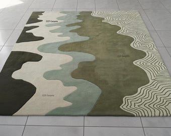 Abstrakter Teppich mit Wellenmuster - Handgetufteter Teppich in Salbeigrün / Olive - Moderner Wollteppich für Wohnzimmer, Schlafzimmer & Wohnkultur