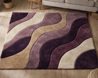 Modern Wave Abstract Wool Area Rug - Purple & Beige Hand Tufted Premium Carpet for Living Room, Bedroom Decor - Large Custom Size Rugs,