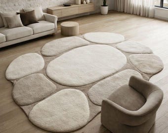 Abstract Pebble Area Rug Modern Organic Shape Large Carpet Hand Tufted Neutral Floor Decor Irregular Stone Design Rug Custom Minimalist Rug,