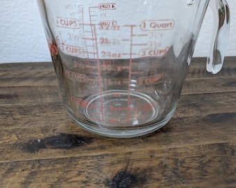 Vintage Anchor Hocking 4-Cup Glas Messbecher | Rote Beschriftung 1-Quart | Hergestellt in den USA