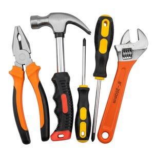 May include: A set of five hand tools including a pair of pliers with orange and black handles, a claw hammer with a black handle, two screwdrivers with yellow and black handles, and an adjustable wrench with an orange handle marked 200mm.
