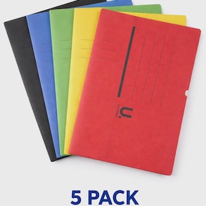May include: A set of five coloured cardboard document wallets. The wallets are black, blue, green, yellow, and red. Each wallet has a vertical black line and a small white circle. The text "5 PACK" and "CARDBOARD DOCUMENT WALLETS" is displayed.