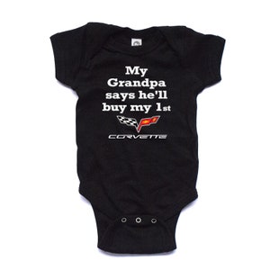 My Grandpa says He'll buy my first Corvette baby bodysuit, grandpa baby gift, new grandpa gift, baby shower gift, grandpa loves me shirt Black