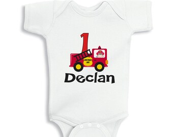 First birthday Firetruck Personalized baby bodysuit or Kids Shirt
