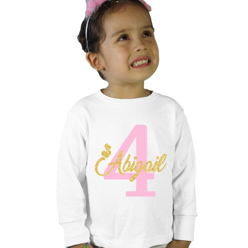 1st Birthday Girl T-Shirt Glitter Gold Name and Pink Age Personalized Long Sleeve Bodysuit image 3