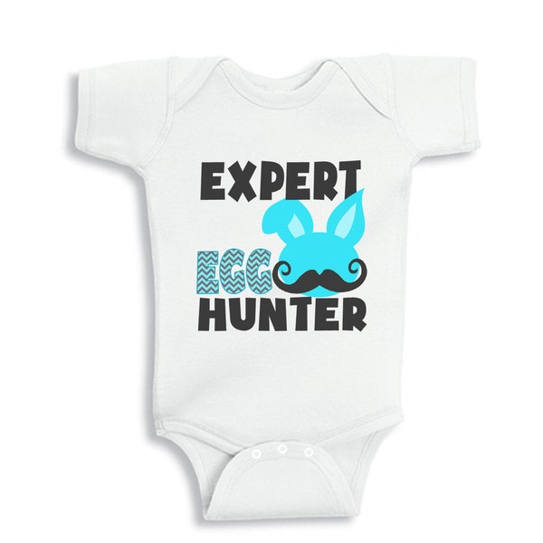 Expert Egg Hunter Bunny Moustache baby Boy bodysuit or Kids Shirt