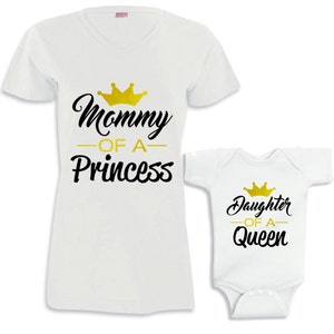 Mommy of a Princess / Daughter of a Queen Metallic Gold Mommy and Me Shirt Set image 1