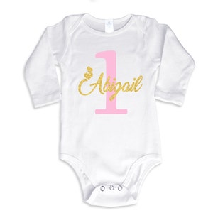 1st Birthday Girl T-Shirt Glitter Gold Name and Pink Age Personalized Long Sleeve Bodysuit image 1
