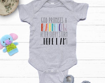 God Promises a Rainbow after every storm Here I am baby Bodysuit, Christian baby, miracle baby gift, pregnancy announcement baby gift