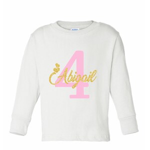 1st Birthday Girl T-Shirt Glitter Gold Name and Pink Age Personalized Long Sleeve Bodysuit image 2