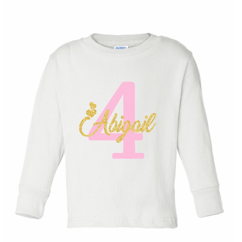 1st Birthday Girl T-Shirt Glitter Gold Name and Pink Age Personalized Long Sleeve Bodysuit image 2