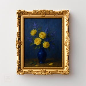 Yellow Roses Art Print: Vintage Floral Still Life in Blue Vase