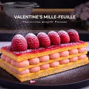 Peut inclure: Un mille-feuille de la Saint-Valentin avec des couches de pâte feuilletée dorée, de crème rose et garni de framboises fraîches saupoudrées de sucre glace. Le texte "Valentine's Mille-Feuille" est affiché en haut.