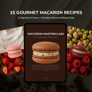 Puede incluir: Una guía digital titulada 15 GOURMET MACARON RECIPES y MACARON MASTERCLASS 15 Gourmet Flavors. La portada muestra un macarrón marrón con relleno de crema, flanqueado por imágenes de un macarrón rosa con fresas y un macarrón morado con pistachos.