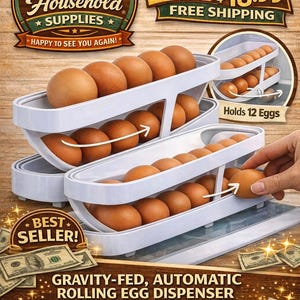 May include: White, gravity-fed egg dispenser holding brown eggs. The dispenser has a space-saving design and holds up to 12 eggs. Text on the image says "Best Seller!" and "Order Now on Etsy!"