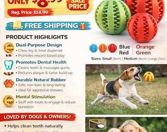 Dog Treat Ball Chew Toy – Teeth Cleaning, Interactive, Durable Rubber | Small Medium Large | Keep your dog engaged, entertained, and healthy