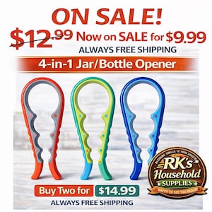 May include: Image of three 4-in-1 jar and bottle openers in red, green, and blue. The openers have a curved handle and a gripping mechanism. The text "ON SALE!" and "4-in-1 Jar/Bottle Opener" are visible.