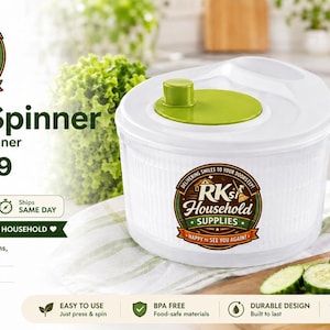 Könnte beinhalten: Weißer 3-Liter-Salatschleuder mit grünem Deckel und Griff. Das Produkt ist mit "RK's Household Supplies" gekennzeichnet. Das Bild enthält frisches Gemüse und den Text "Salad Spinner" und "Easy to Use".