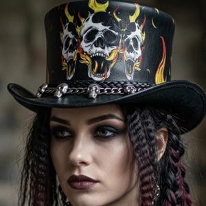May include: Black top hat with a skull and flame design. The hat has a decorative chain with skull accents around the brim. The top of the hat has three skulls with flames. The hat is worn by a person with dark hair.