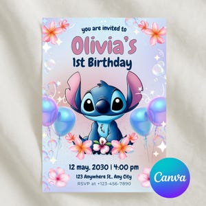 Puede incluir: Una invitación de cumpleaños con el personaje Stitch. La invitación tiene un esquema de color pastel con acentos rosas y azules, globos y decoraciones florales. El texto incluye el nombre "Olivia's" y los detalles del evento.