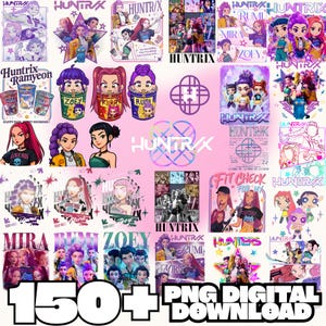 May include: A collection of digital PNG downloads featuring various illustrations and graphics. The images include cartoon characters, text, and logos, with a predominant pink and purple color scheme. Text includes "HUNTRAX", "MIRA", "RUMI", "ZOEY", and "150+ PNG DIGITAL DOWNLOAD".