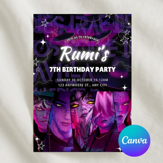 Saja Boys Birthday Invitation, Purple Black Demon Hunter Party Invite, Spooky Kpop Aesthetic Canva Template, Digital Printable Design