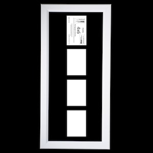 May include: White picture frame with three 4x6 inch openings arranged vertically. The frame has a black mat and a label that reads "Vertical 4x6"