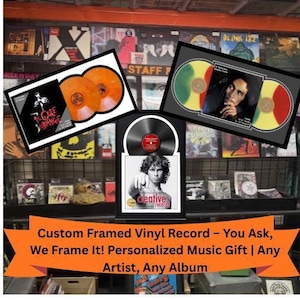 May include: A display of framed vinyl records, including a black record with a red label, and album covers. The image includes the text "Custom Framed Vinyl Record - You Ask, We Frame It! Personalized Music Gift | Any Artist, Any Album."