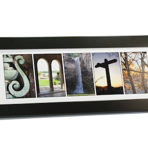 May include: A framed print of the word "SMIT" spelled out using different photographs. The "S" is a close-up of a green, ornate, metal scroll. The "M" is a photo of an archway with a view of a lake and trees in the distance. The "I" is a photo of a waterfall cascading down a rocky cliff. The "T" is a photo of a silhouette of a wooden signpost against a sunset sky. The "H" is a photo of a tree branch with leaves in the fall.