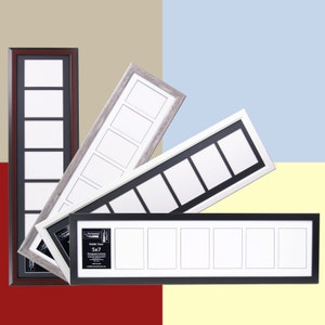 May include: Three different picture frames with black, white, and gray wood frames. Each frame holds eight 5x7 inch photographs. The frames are arranged in a staggered pattern.
