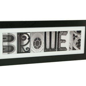Elegante nombre de boda enmarcado con letras de fotografía del alfabeto arquitectónico original para regalo personalizado, aniversario, nombre de bebé