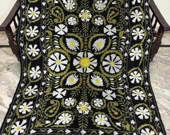 Hand Embroidered Cotton Suzani Throw, Floral Uzbekistan Bedspread, Boho Tapestry (90x60 Inches)