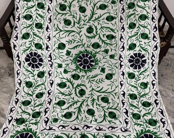 Hand Embroidered Cotton Suzani Throw Blanket, Uzbek Floral Design