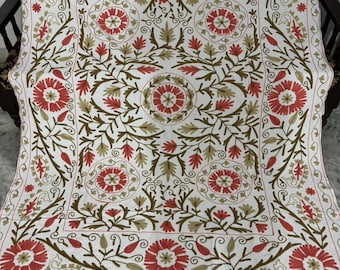Handmade Suzani Cotton Bedcover, Uzbek Embroidery Throw (90x60 Inches)