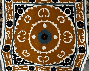 Handmade Cotton Suzani Bedspread, Hand Embroidery, Uzbekistan Wall Hanging (50x50)