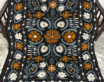 Handmade Suzani Embroidery Bedsheet, Indian Cotton Bedcover, Wall Hanging