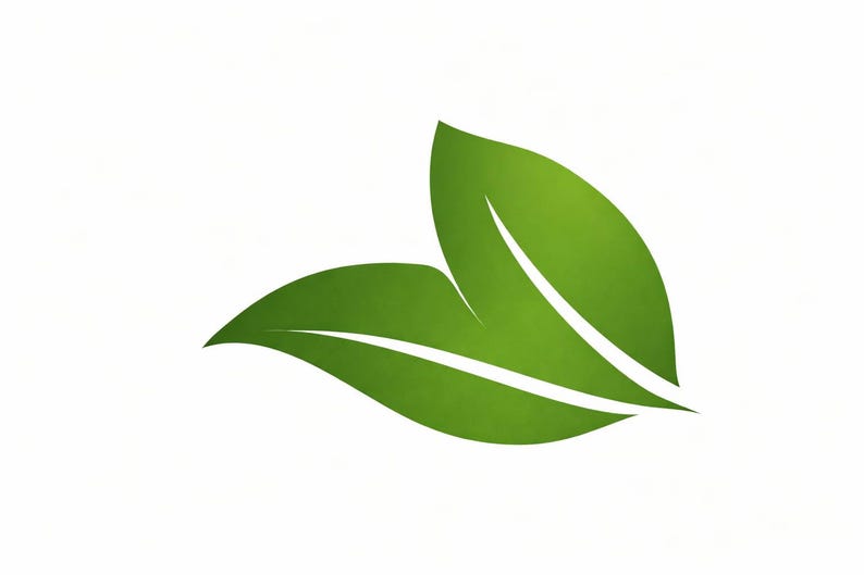 May include: Two bright green leaves with a textured appearance are displayed against a white background. The leaves overlap slightly, with visible veins, suggesting a natural or organic theme. The design is simple and clean.