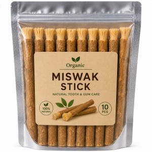 May include: A package of ten Miswak sticks for natural tooth and gum care. The sticks are brown with a brush-like end. The package has a label that reads "Organic Miswak Stick" and "100% Natural".
