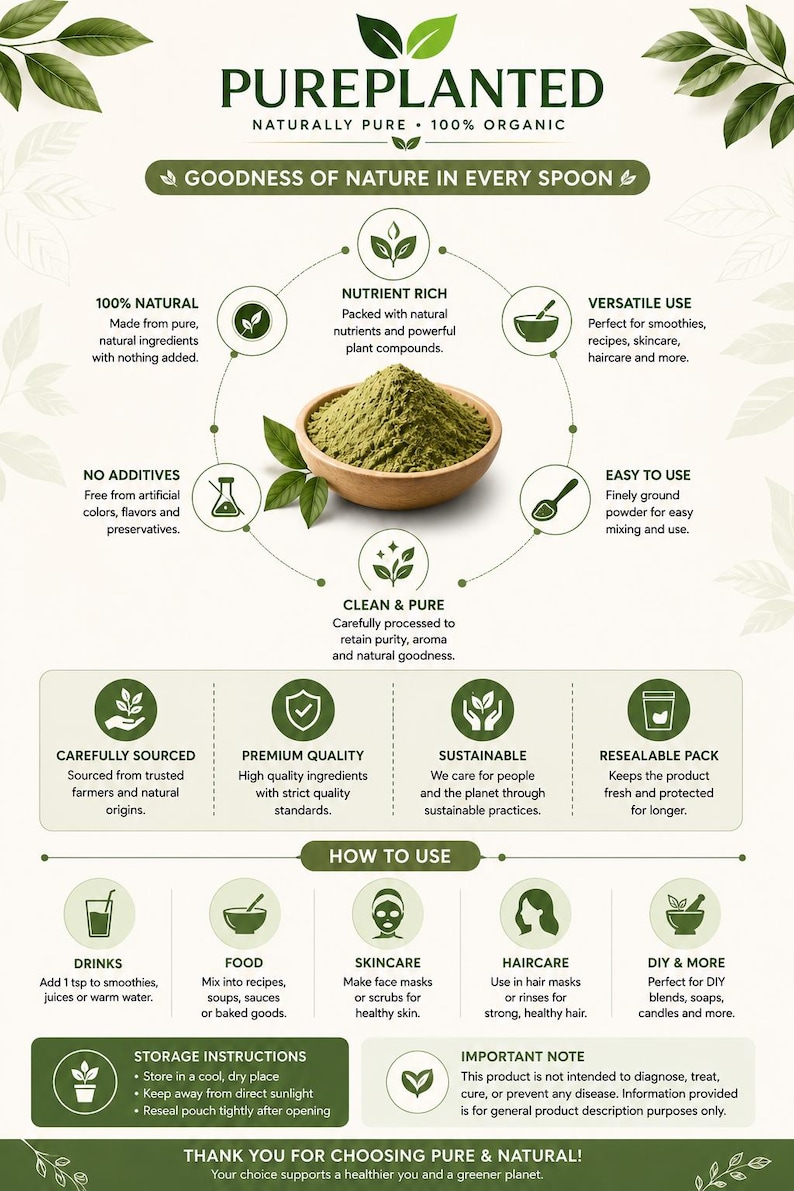 May include: An infographic for PurePlanted green powder featuring a wooden bowl of fine green powder at the center. The layout includes sections on product benefits, usage instructions, and storage notes, all presented in a green and white color scheme.