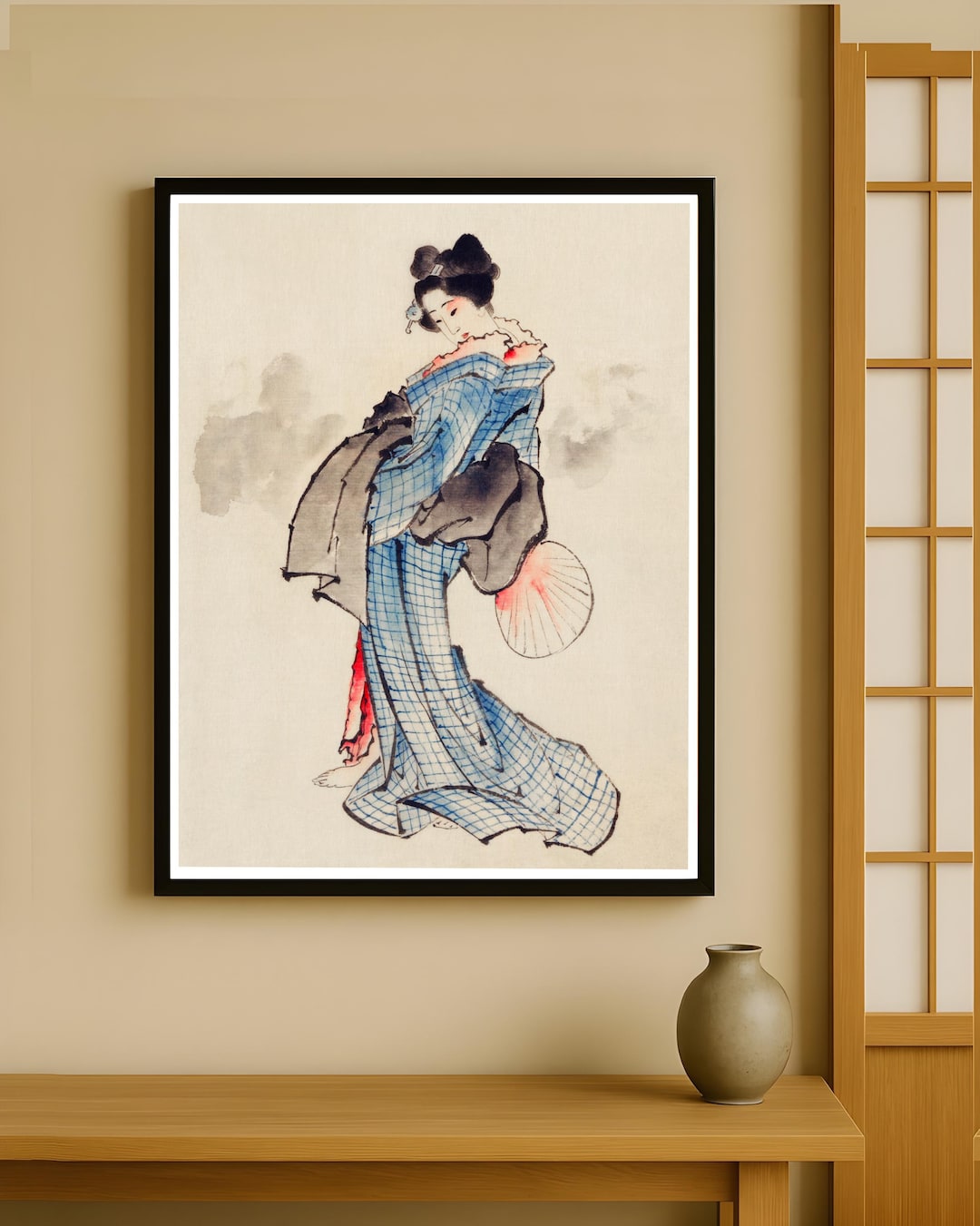 Japanese Geisha in Blue Kimono Art Print | Vintage Watercolor Style ...