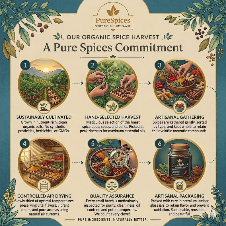 May include: An illustrated infographic for PureSpices, detailing their organic spice harvest process. The image shows steps from cultivation to packaging, including hand-selected harvest, artisanal gathering, and quality assurance. The text reads "Pure Ingredients, Naturally Better."