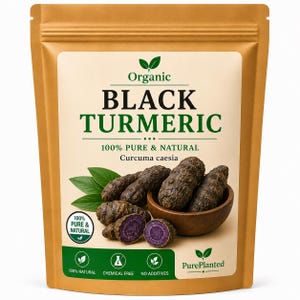 May include: A tan stand-up pouch labeled Organic Black Turmeric Curcuma caesia. The packaging features a graphic of dark, knobby turmeric roots in a wooden bowl, with one root sliced to reveal a deep purple interior, alongside green leaves.
