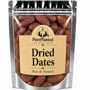 May include: A silver stand-up pouch filled with brown dried dates. The label features a mountain logo and the text PurePlanted, PURE. NATURAL. TRUSTED., Dried Dates, and Pure & Natural printed in black on a tan background with a clear window.