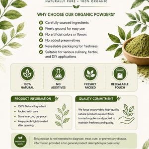 May include: An informational graphic for Pureplanted organic powder featuring green leaf illustrations. It lists benefits like carefully sourced ingredients, no artificial colors, and resealable packaging. Includes sections for product info and quality commitment.