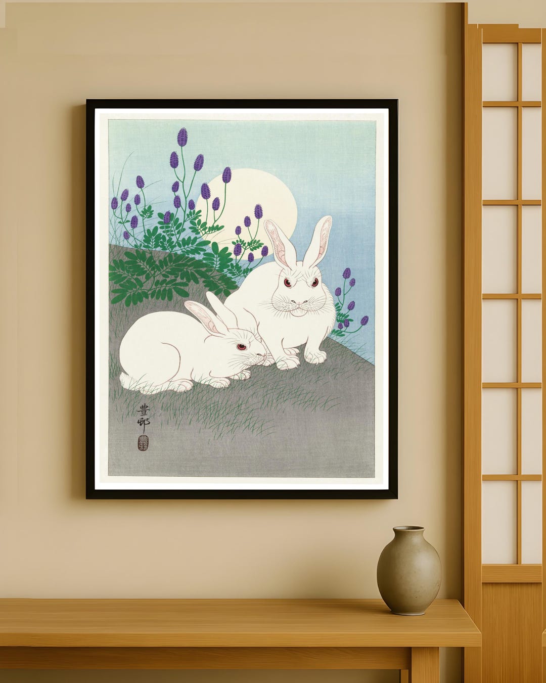 Japanese Moonlit Rabbits Art Print | Vintage Ukiyo-e Nature Poster ...