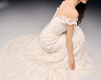 Off-Shoulder Lace Mermaid Wedding Dress – Corset Satin Gown MADELINE