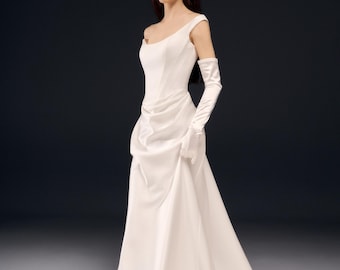 Satin Corset Wedding Dress: Off-Shoulder Victorian Gown, Minimalist Draped Bridal EMMA